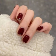 24pcs Wine Red Fragmented Flash Nude Simple on Nails Short Square Fake Nails Glossy Full Cover Stick