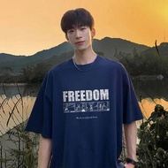 baju oversize lelaki baju t shirt lelaki T-shirt lengan pendek kapas biru laut, leher bulat lelaki, 