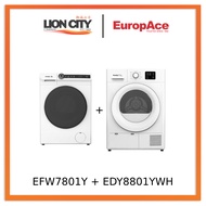 Europace EFW7801Y 3D Steam Front Load Washing Machine 8Kg + EDY8801YWH Heat Pump Dryer