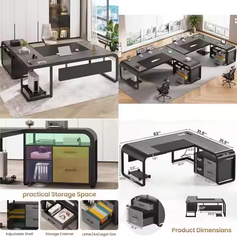 L-Shaped 63 Executive Office Desk with Storage Drawers and File Cabinet, Including Mobile CPU Stand