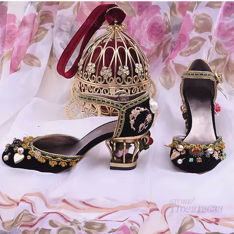 Light Blue Gold Thread Embroidered Bird Cage Heels 3D Design Pump Woman Princess Sandals Red Satin S