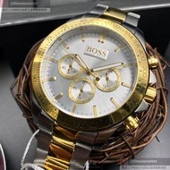 BOSS手錶,編號HB1512960,44mm金色圓形精鋼錶殼,白色三眼, 中三針顯示錶面,金銀相間精鋼錶帶款,頂級時尚!, 匠心之作!