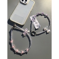 Niche Phone Case Lanyard Bow Phone Pendant ins Style Cute Pink Ribbon Handmade Beaded Phone Chain