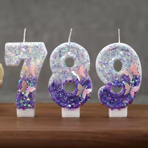 3D Sequin White and Purple Birthday Candles Extended 0-9 Numbers Cake Decoration Candle for Wedding 