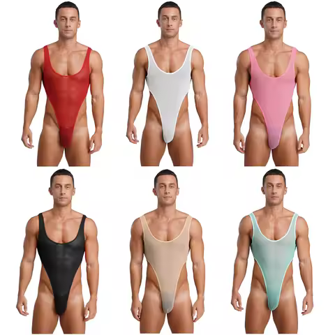 Mens Sheer Mesh Bodysuit Sleeveless Open Back Bulge Pouch High-Cut One-piece Singlets Leotard Jumpsu
