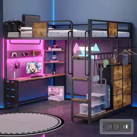 Loft Bed with Desk Full Frame 6 Drawers Organizer Hooks LED Charging Guardrail No Box Spring Brown,