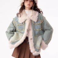 ziziFei秋冬高級感美式復古加厚夾棉羊羔毛絨牛仔棉衣棉服外套女