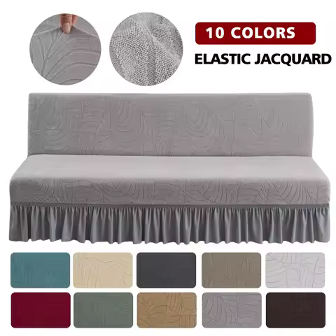 Jacquard Armless Futon Cover with Skirt Ruffled Stretch Futon Sofa Bed Cover Machine Washable Stain 