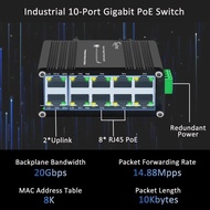 Industrial 10-Port Gigabit PoE Switch, 12–48V DC Input with Built-in Voltage Booster, 8-Port 802.3at