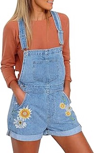 Women's Casual Adjustable Strap Cuffed Hem Denim Bib Overalls Shorts Romper