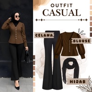 Aira Set Outfit for Women (Blouse, Cutbray Pants, Bella Hijab) Casual College Outfit S63