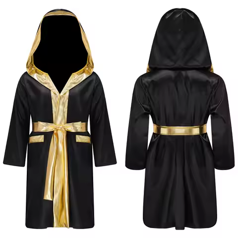 Boys Boxing Robe Boxer Cosplay Costume Long Sleeve Metallic Satin Hooded Cloak Uniform Kickboxing Go