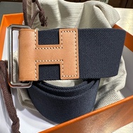 Hermes 深藍色帆布皮帶 L