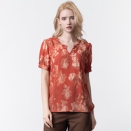 【MEDUSA】橘紅花卉小荷葉領雪紡上衣(M-2L) | 女長版上衣