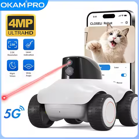 OKAM Mobile Robot Camera HD 4MP 5G WIFI Camera Laser Pet Teasing Mobile Pet Camera Night Vision Two-