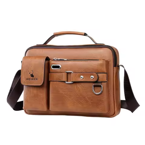 Men's PU Leather Shoulder Briefcase Handbag Porter Messenger Business Vintage Crossbody Square Side 