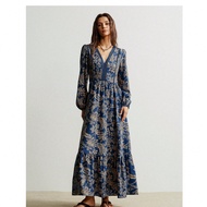 Bohemian Style Hollow Lace V-Neck Casual Long Sleeve Classic Brown Dress, Suitable For Easter Beach 