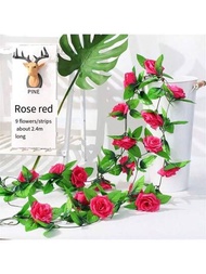 1 pieza Enredadera de rosas artificiales con 9 rosas, decoración de bodas, enredadera de flores de cerezo, flores falsas colgantes, decoración de sala de estar/dormitorio, decoración de puerta/aire acondicionado, decoración de follaje para el hogar