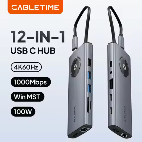 CABLETIME USB C Hub 4K HDMI Type C hub 12 in 1 Adapter Splitter PD100W RJ45 VGA SD & TF C Dock for M