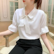 Korean large size shirt bow princess sleeve versatile Chiffon Top lace up shirt woman