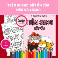 Cat and shiba insecurate sushi shop coloring pages, set of 18 sushi coloring pages for children and 
