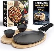Tortillada β 10 Inch Cast Iron Fajita Pan/Grill Pan Set for Fajitas β incl. wooden Serving Tray + 2