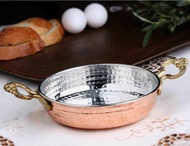 Traditional Turkish Copper Egg Omelette Pan, Sahan, Fryer Pot with Brass Handles