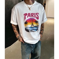 Áo Thun Nam Tay Ngắn Cotton Phong Cách Mỹ Paris Eiffel Tower Cổ Nhỏ Mùa Hè Chất Lượng Cao Thoáng Khí