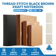 Thread Stitch Black Brown Kraft Notebook A4/A5/B5 Blank Checkered & Horizontal Line Thick Drawing St