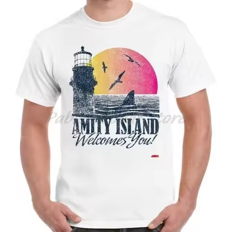 Amity Island Welcomes You Jaws 70s Film Quints Movie Vintage Retro TShirt men white tshirt summer te