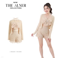 Thealner-AN442 (Brown Shirt Set With Front Flowers + Long-Sleeved Jacket And Shorts)