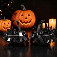 [WX] Halloween Candy Bucket, Lightweight Polyester Basket with Dark Lace, Stylish Storage Container 