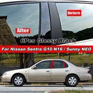 6ชิ้นหน้าต่างประตูรถคอลัมน์ B C BC เสาฝาครอบตัดสำหรับ Nissan Sentra G10 N16 Bluebird Sylphy Sunny Neo 2000-2005เคลือบเงาสีดำกระจกผลวัสดุ PC สติ๊กเกอร์อุปกรณ์จัดแต่งทรงผม