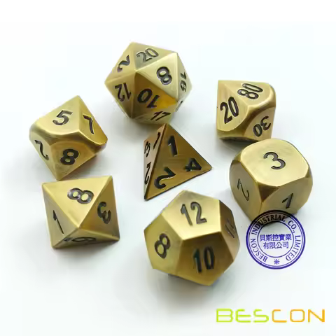 Bescon Brass Solid Metal Polyhedral D&D Dice Set of 7 Copper Metal RPG Role Playing Game Dice 7pcs S