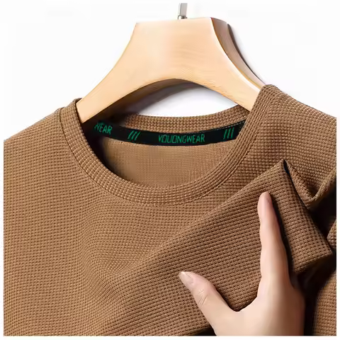 Men Long Sleeve Waffle t Shirt Round Neck Casual Tops Man Comfortable Soild t-Shirt Fashion Tee Shir