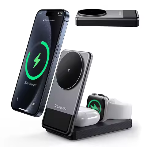 ZEEHOO 3-In-1 Portable Charging Station, 15W Fast Wireless Charger Stand, Foldable Multiple Wireless