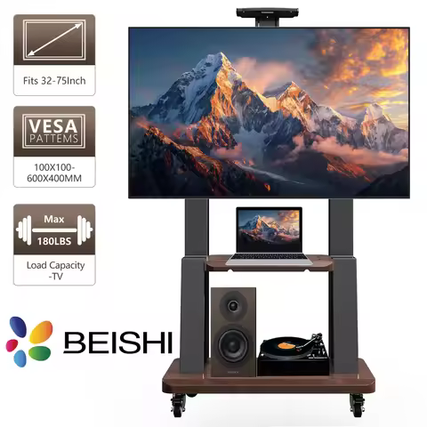 Mobile TV Stand for 32-75" Flat Curved Screen TV Cart Media Shelf Tray,Height Adjustable Heavy Floor