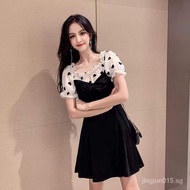2023Summer New Korean Style Niche Chiffon Fake Two-Piece Jumpsuit off-Neck Dress Puff Sleeve Mid Waist Black Dress Women