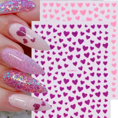 1pcs 3D Purple Pink Glitter Heart Nail Stickers Valentine's Day Love Heart Nail Decals 8*10cm Self-A
