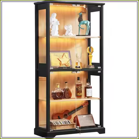 Farmhouse Glass Display Cabinet with Lock, Black
