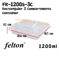 (1200ml)Microwavable Rectangular 3 Compartment Container FR1200S-3C (50set±) Disposable Plastic Food