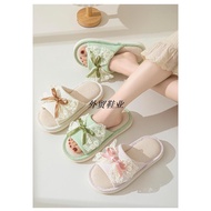 European American Style Sandals Slippers Women Bow Sandals Slippers Lace Cotton Linen Slippers Linen