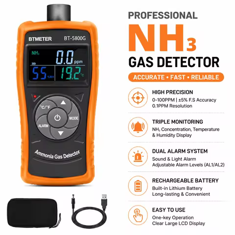 Ammonia Air Detector 5800G Monitor NH3 Gas Level W/Alert, 0-100ppm Particle Meter with USB Recharge 
