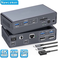 Navceker 8K USB-C ThunderBolt KVM Switch 4K 120Hz 2 Laptops 2 Monitor Type C 12 IN 1 Docking Station