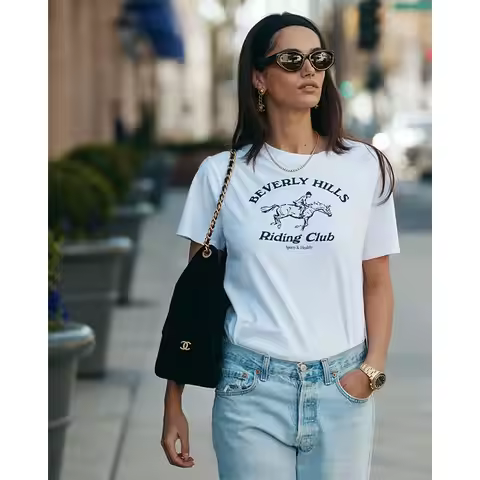 BEVERLY HILLS American Retro Sports Style Equestrian Club Letter Print Cotton Short-sleeved Casual T