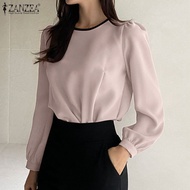 Esolo ZANZEA เสื้อเบลาส์เสื้อแขนยาวสตรีด้านหลังเสื้อแบบ Neckline สีตัดกันลูกไม้หรูหราสไตล์เกาหลีของผู้หญิง #10