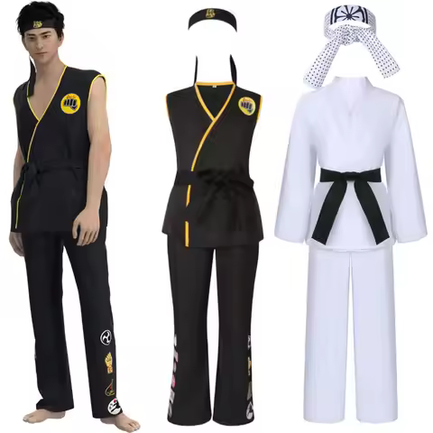 The Karate Kid Daniel LaRusso Johnny Lawrence Black White Karate Uniform Headband Cobra Kai Cosplay