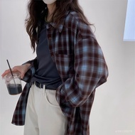 Free Shipping Taiwan Shipping Shirt Women Retro Blue Coffee Brushed Thickened Plaid Shirt Women Lazy