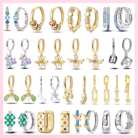 Rainbow Women Earrings Original 925 Sterling Silver Pave CZ Classic Four-leaf Clover Hoop Earrings E