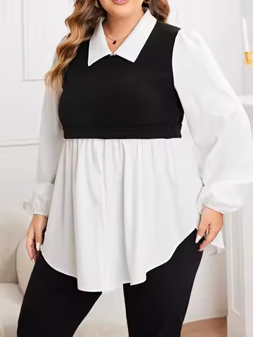 Plus Size 1XL-5XL Women's Colorblock Polo Collar Blouse Ladies Casual Long Sleeve Blouse Button Loos